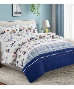 Kids Boys Printed 600 Thread Count Soft Cotton Blend Percale Duvet Cover Set with Corner Tie and Zipper, Nautical Sailing Boat