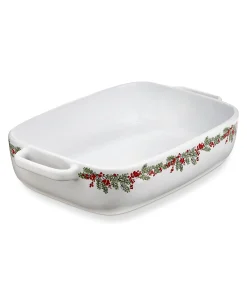 "Farmhouse Christmas" Collection White Stoneware with Holly Trim Rectangular Baking Dish, 13.6L x 8.25W x 2.75H-in. 88.0 oz,