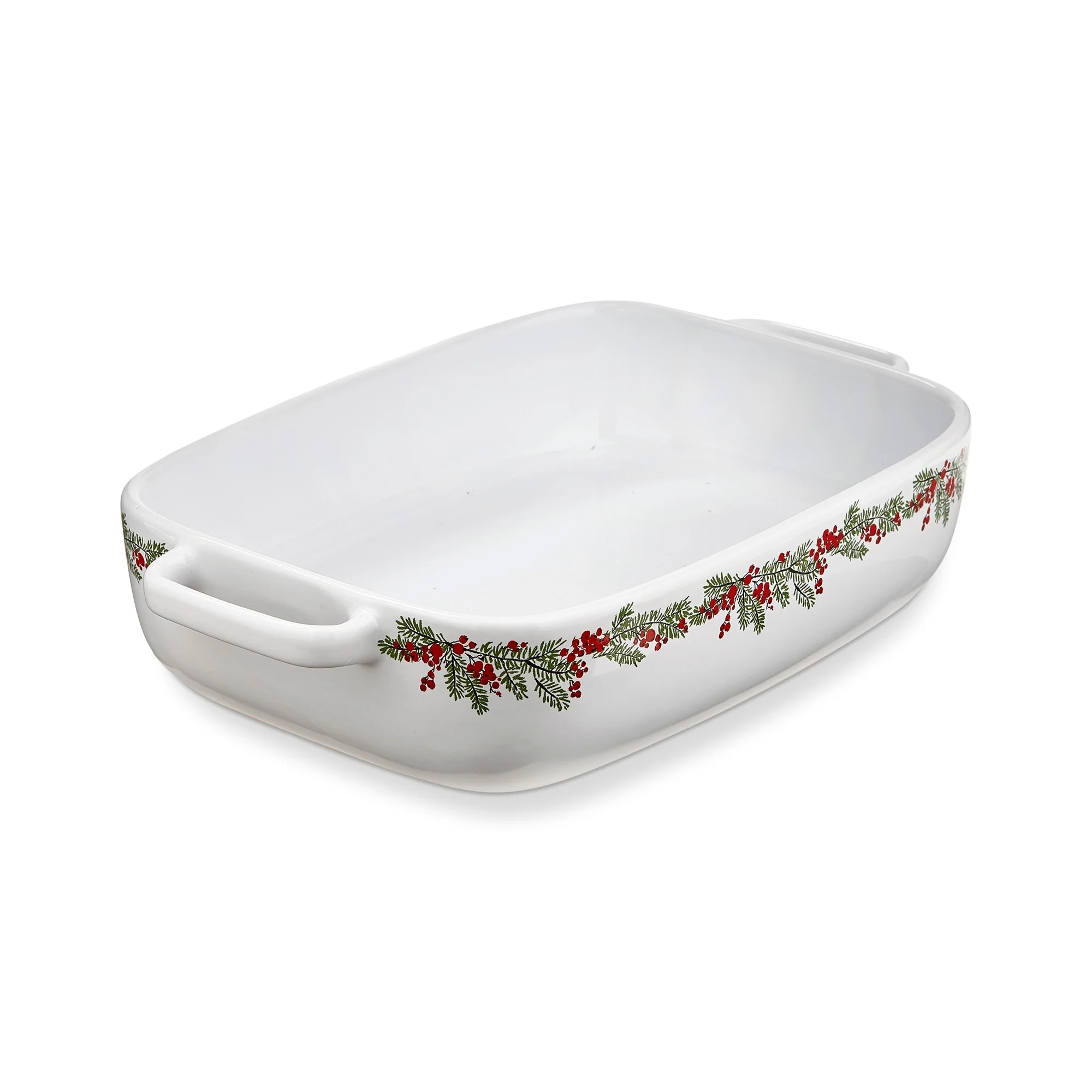"Farmhouse Christmas" Collection White Stoneware with Holly Trim Rectangular Baking Dish, 13.6L x 8.25W x 2.75H-in. 88.0 oz,