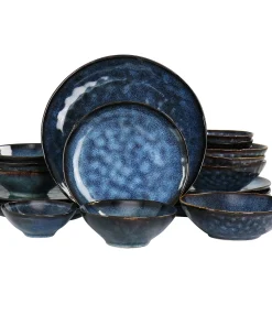 Elama Lucca 20 Piece Round Stoneware Triple Bowl Dinnerware Set in Blue