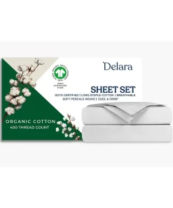 Delara 100% Organic Cotton Percale Sheet Set, GOTS Certified, 400 Thread Count, Ultra Soft, Smooth & Breathable