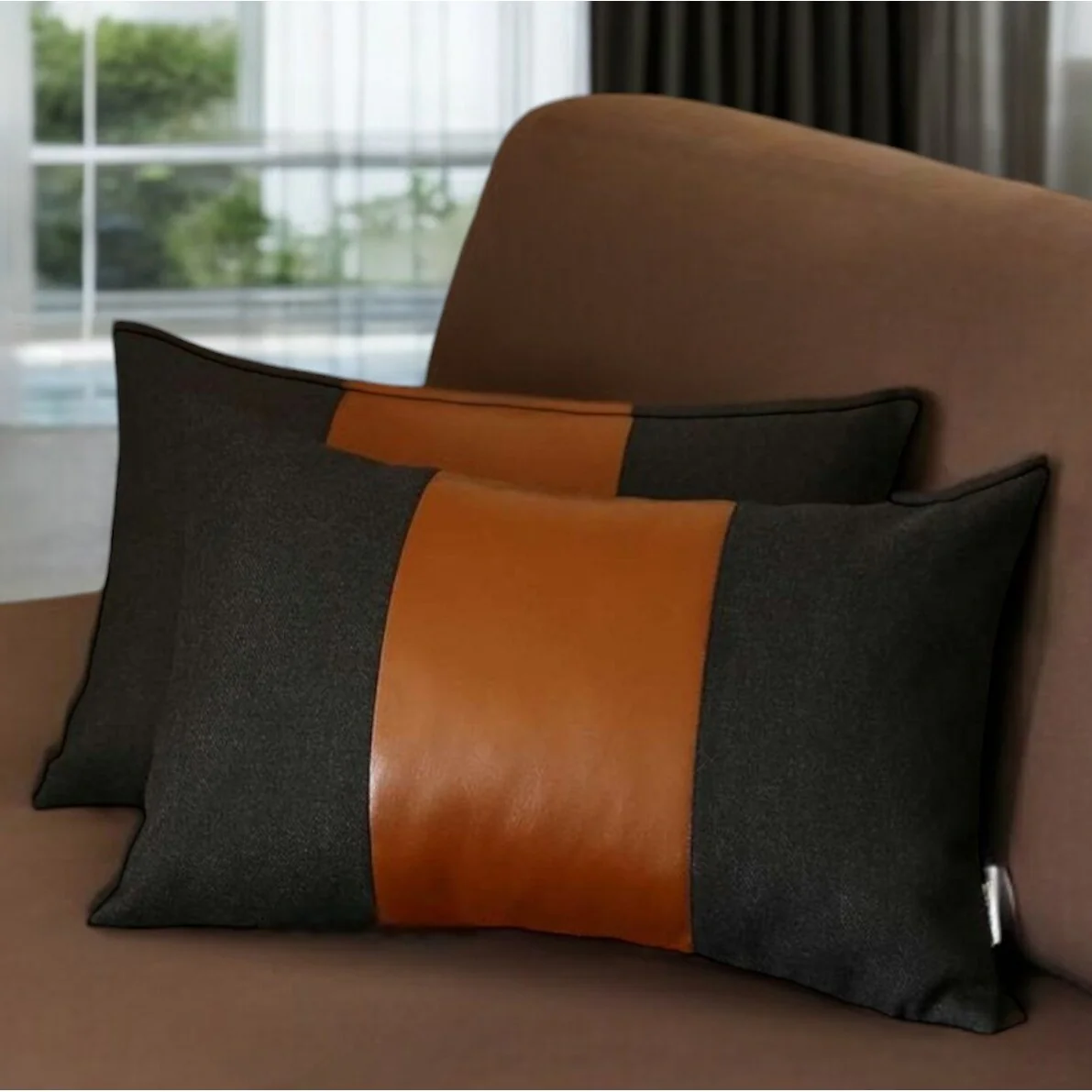 HomeRoots Set Of Two 20" X 12" Black And Brown Polyester Geometric Zippered Pillow