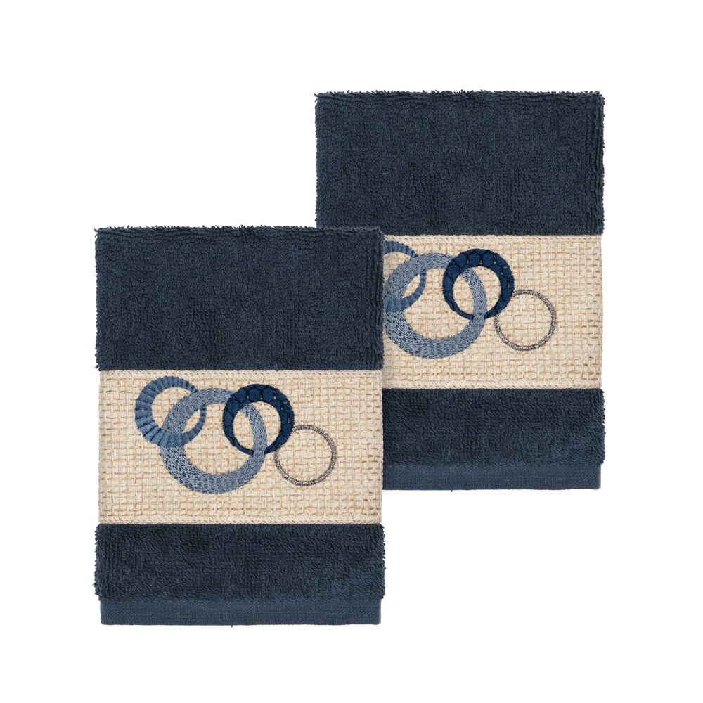 Authentic Hotel and Spa Turkish Cotton Circles Embroidered Midnight Blue 2-piece Washcloth Set