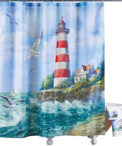 Lighthouse Scene Bathroom Shower Curtain with Hooks