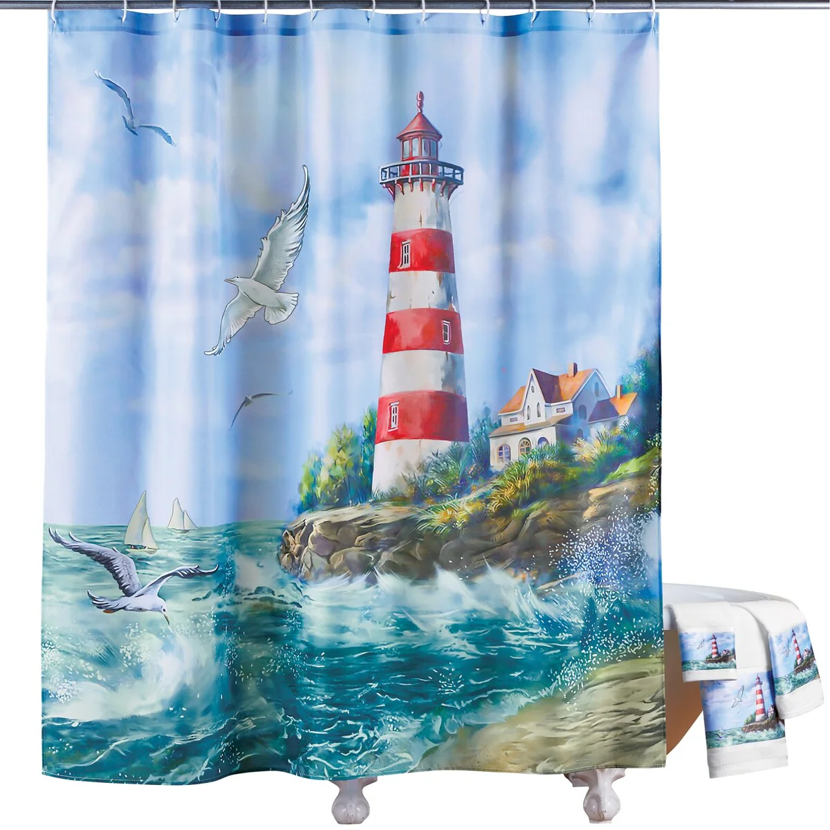 Lighthouse Scene Bathroom Shower Curtain with Hooks