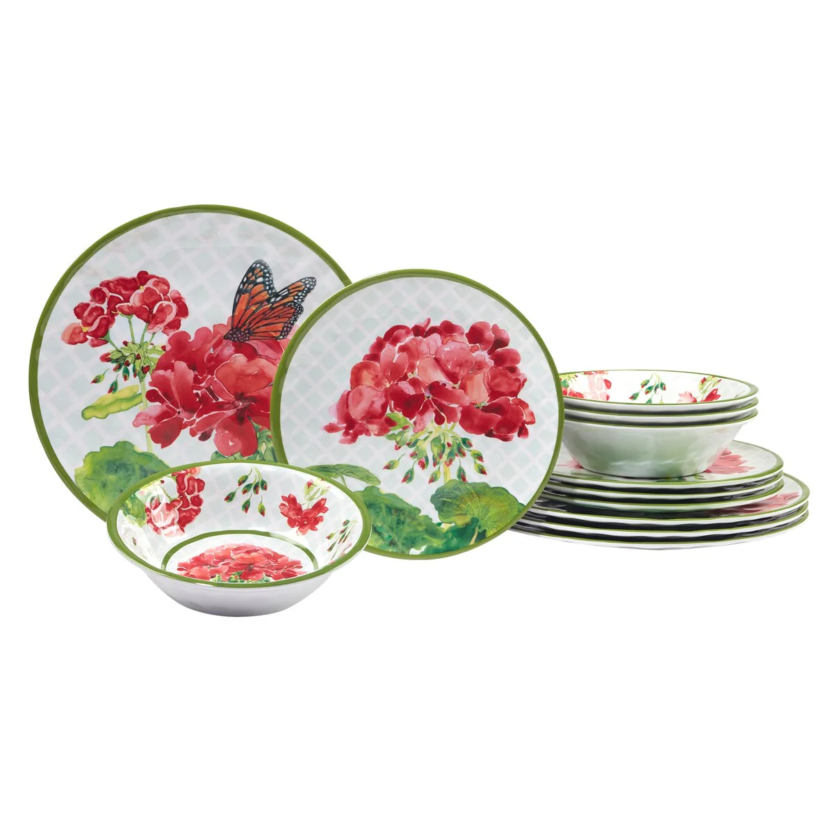 Certified International Geraniums 12 Piece Melamine Dinnerware Set, Service For 4