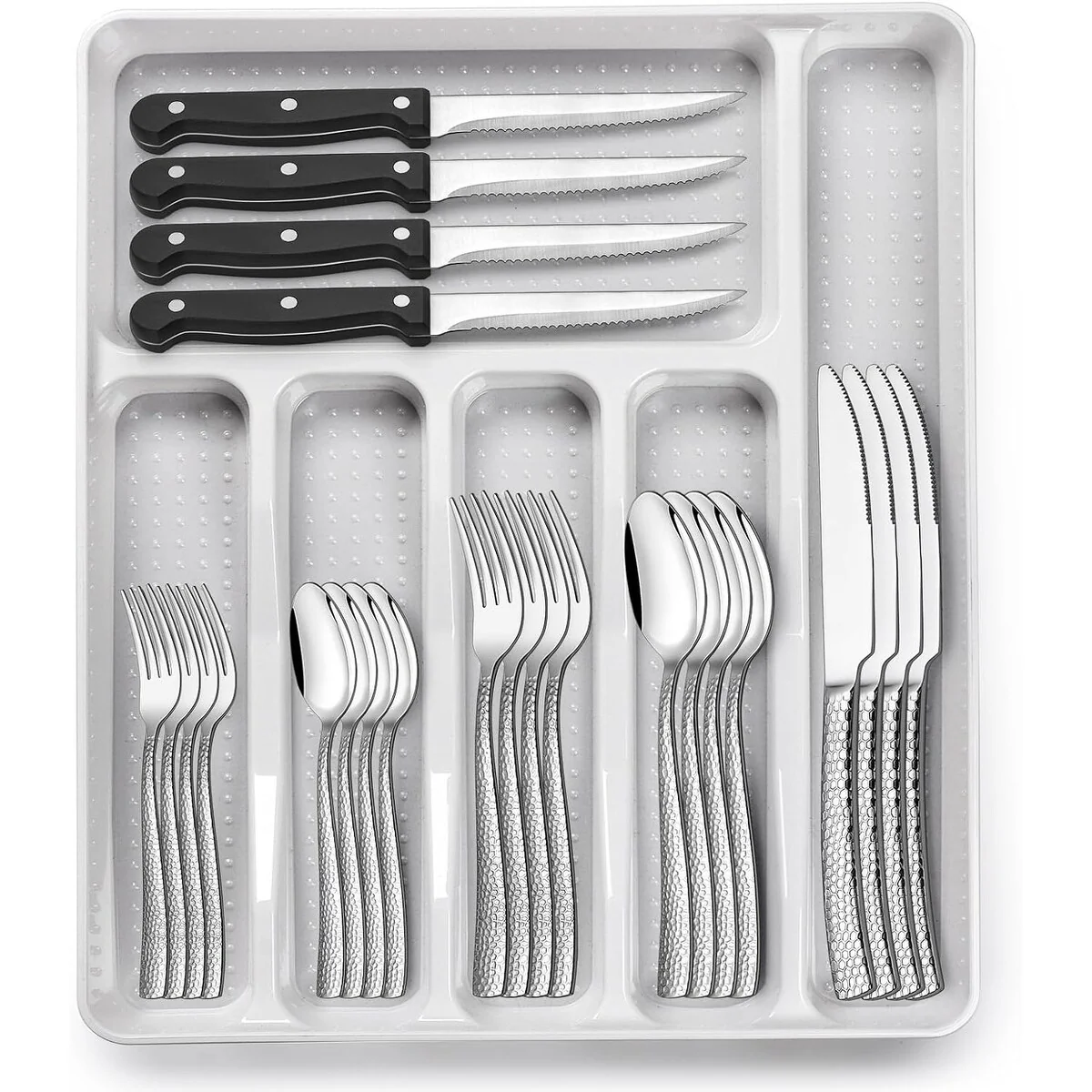 49-Piece Hammered Silverware Set with Organizer Wave Flatware for 8