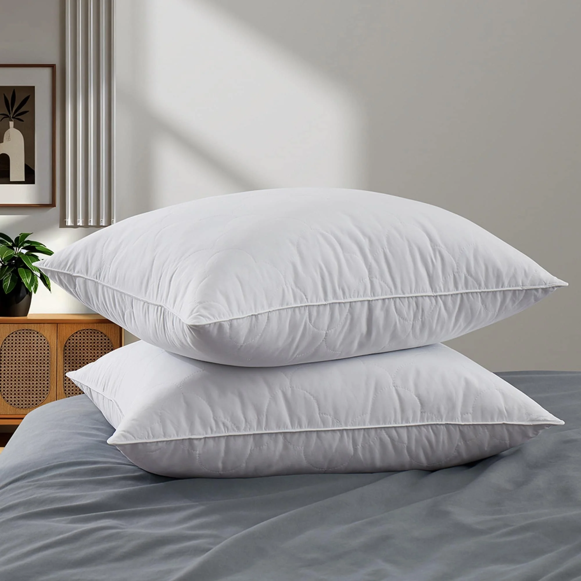 2 Pack Hotel Quality Goose Feather Bed Pillows for Side & Back Sleepers