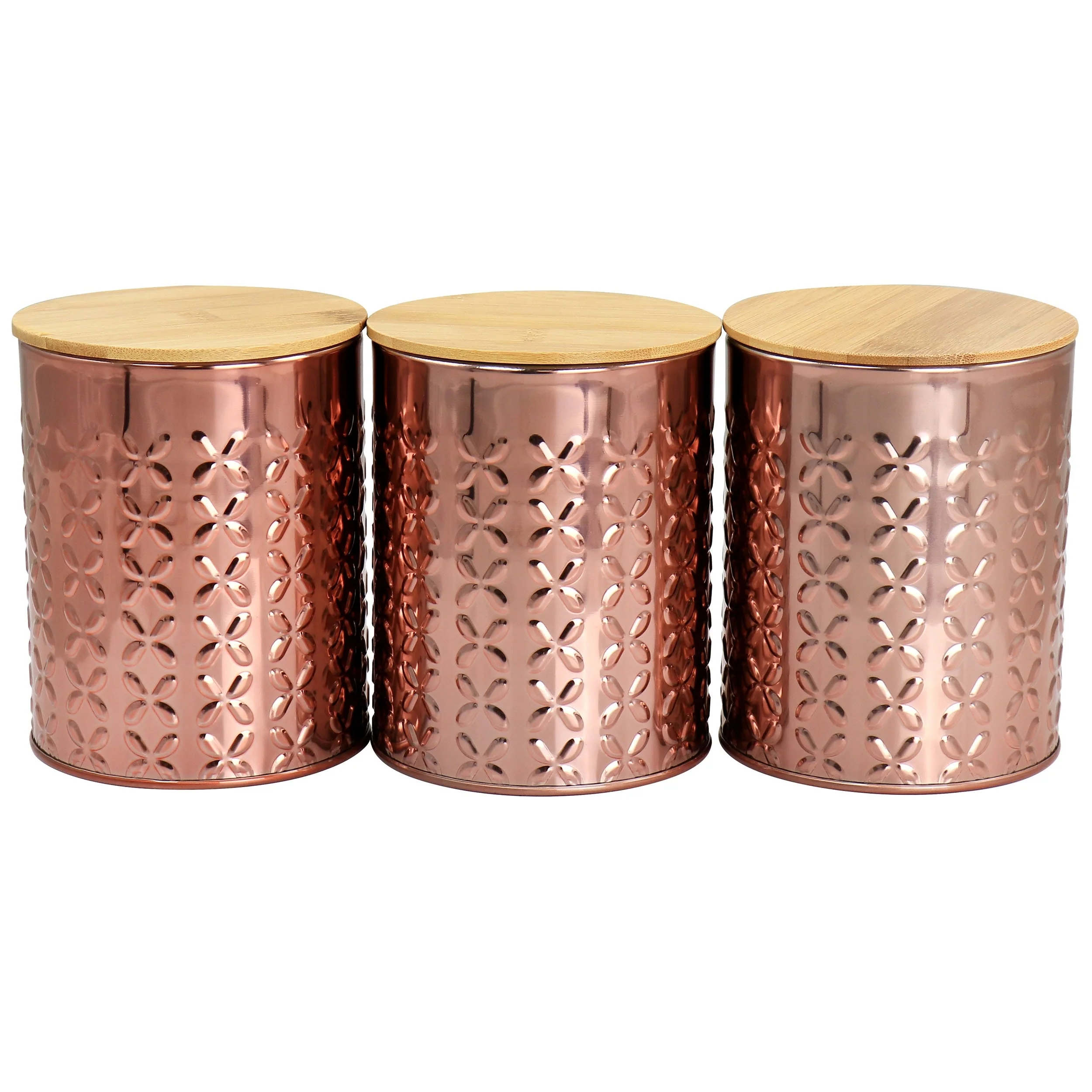 3 Piece Bamboo Lid Hammered Aluminum Storage Canister Set in Copper
