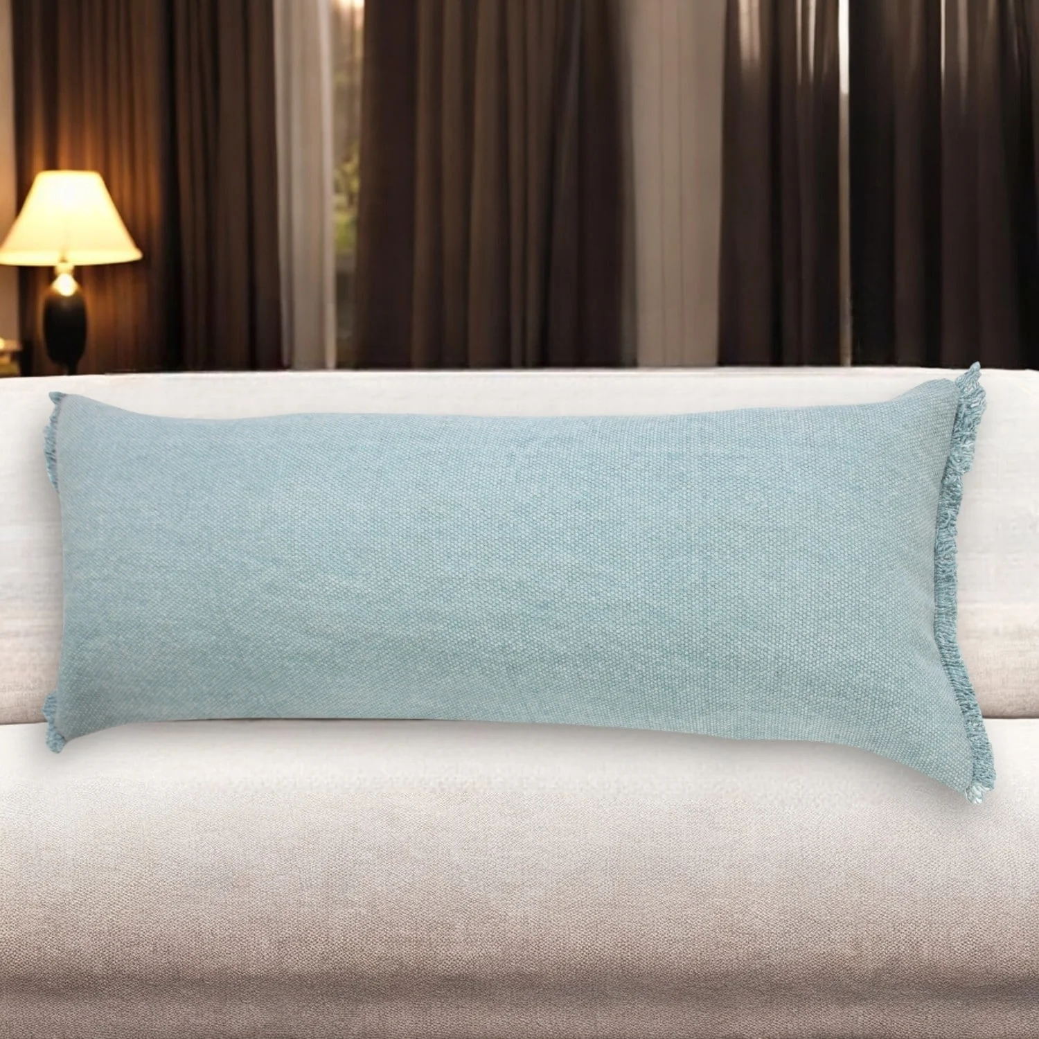 HomeRoots 14" X 36" Light Blue Cotton Lumbar Throw Pillow With Fringe