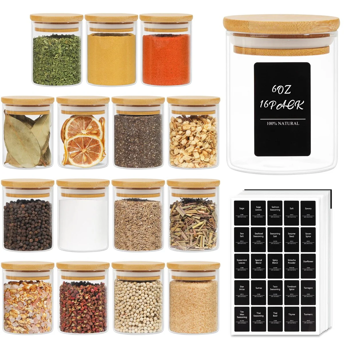 16Pcs Glass Spice Jars with Bamboo Lid, 6oz Airtight Round Spice Containers with 275 Black Lables, Empty Seasoning Jars