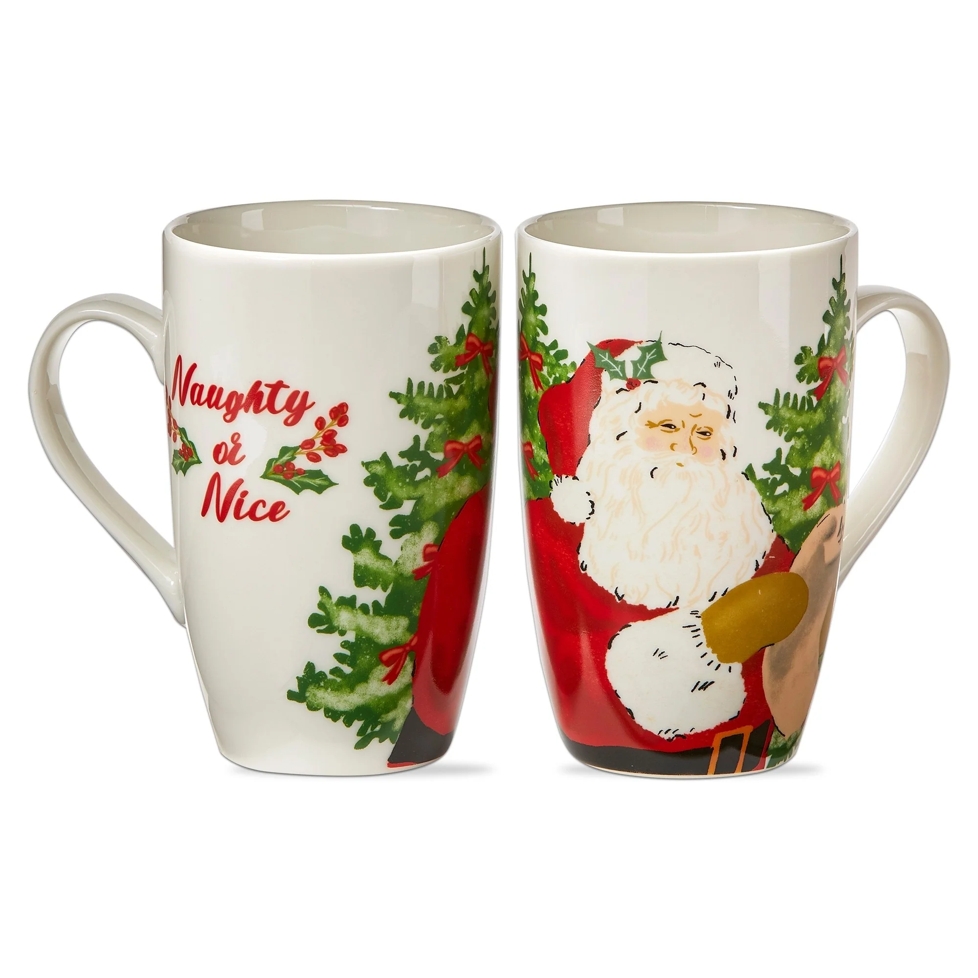 16oz. "Naughty Or Nice" Script Vintage Santa & Christmas Tree Drinking Mug - White