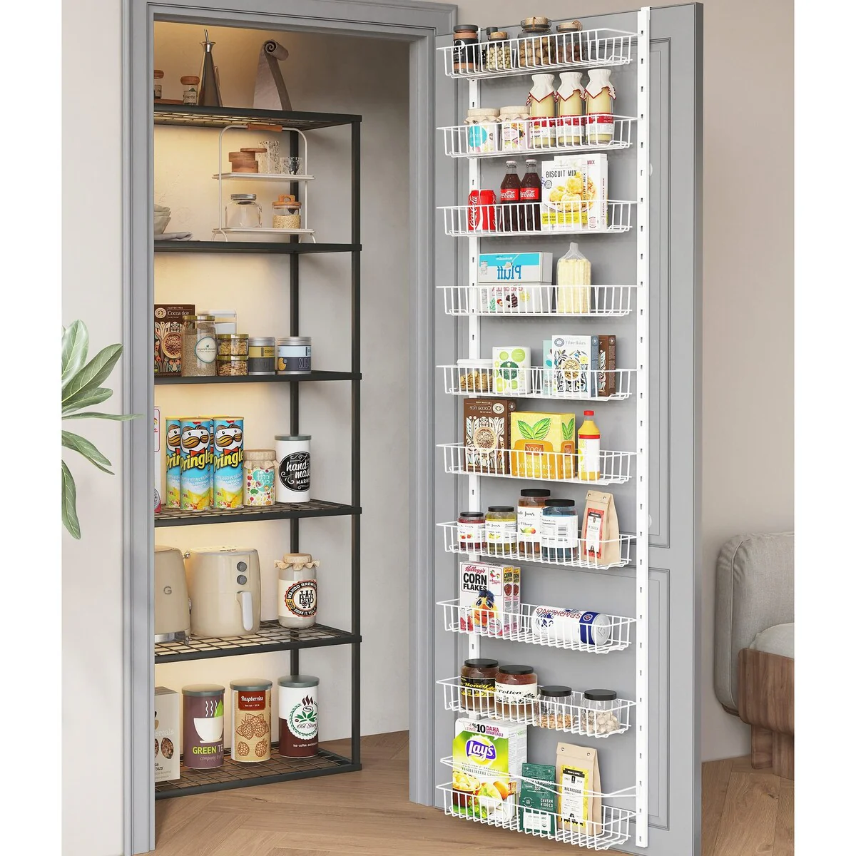 10-Tier Pantry Door Organization and Storage Over the Door Pantry Organizer Metal Hanging Kitchen Spice Rack Can Organizer White