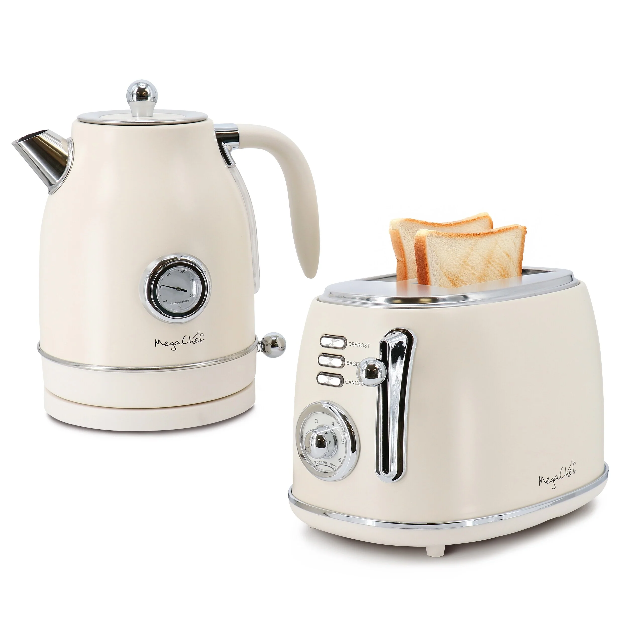 1.7 Quart Electric Tea Kettle and 2 Slice Toaster Combo in Matt Cream