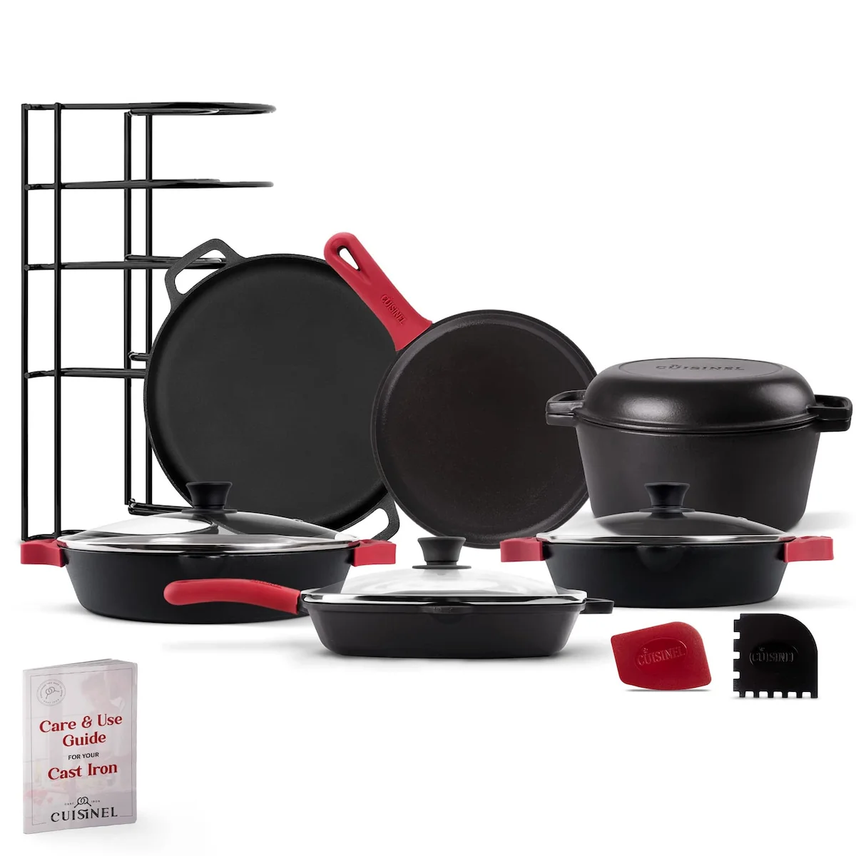 18-Piece Cookware Set: Skillets w/Lids + 5-Qt Dutch Oven + Grill Pan w/Lid + Pizza Pan + Griddle + Organizer +Scraper + Handle