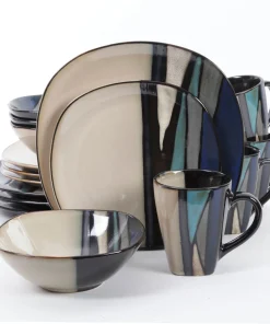 Gibson Elite 16 Piece Reactive Glaze Dinnerware Plates, Bowls, and Mugs, Teal