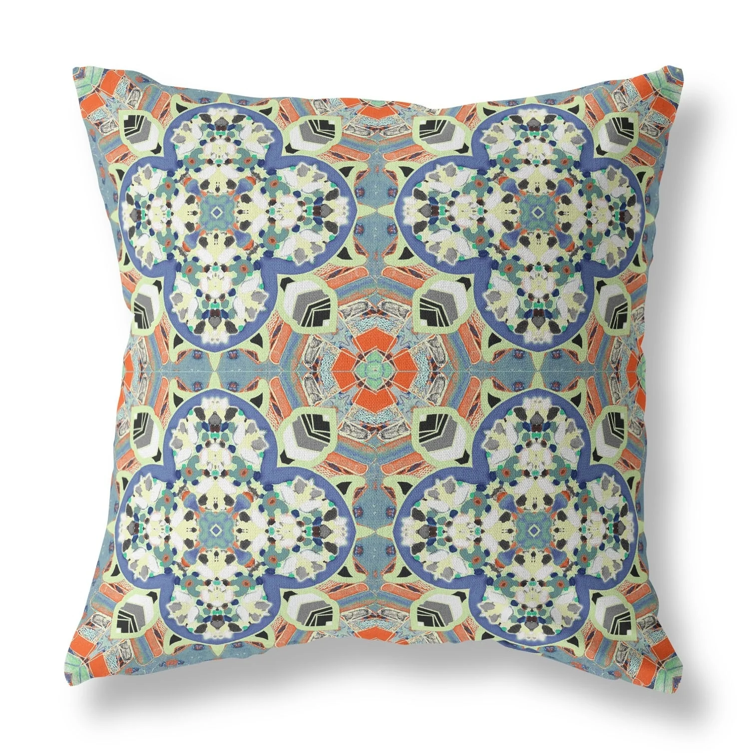 16" Blue Cream Cloverleaf Indoor Outdoor Zippered Throw Pillow