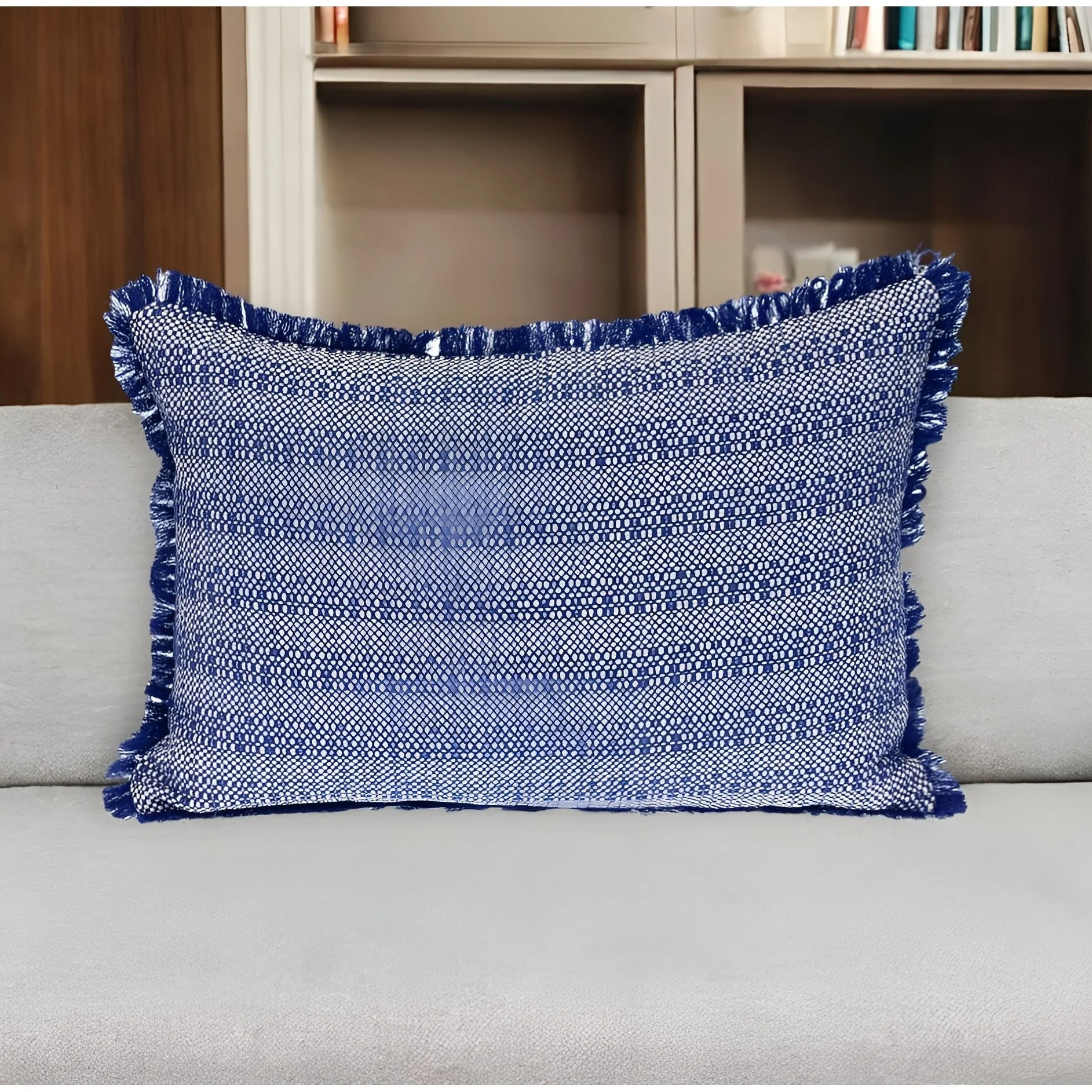HomeRoots 14" X 20" Blue and White Striped Cotton Throw Pillow With Fringe