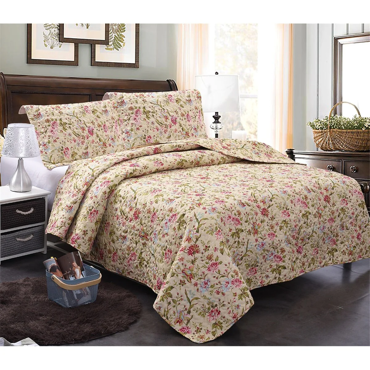 3 Piece Retro Printed Reversible Quilt Set
