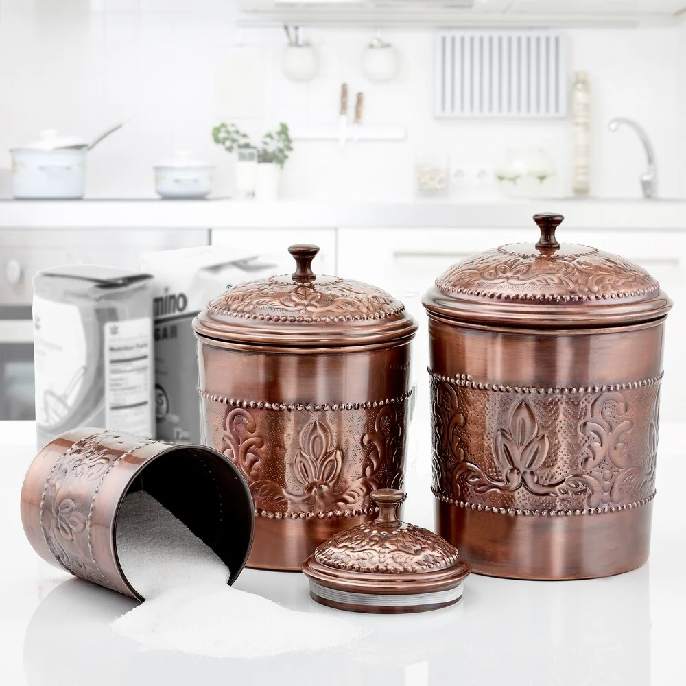 3 Piece Antique Copper "Victoria" Embossed Canister Set 5.5 Qt., 4 Qt., 3 Qt.