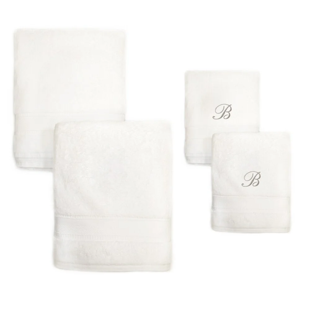 Authentic Hotel and Spa 4-piece White Turkish Cotton Towel Set with Silver Script Monogrammed Initial