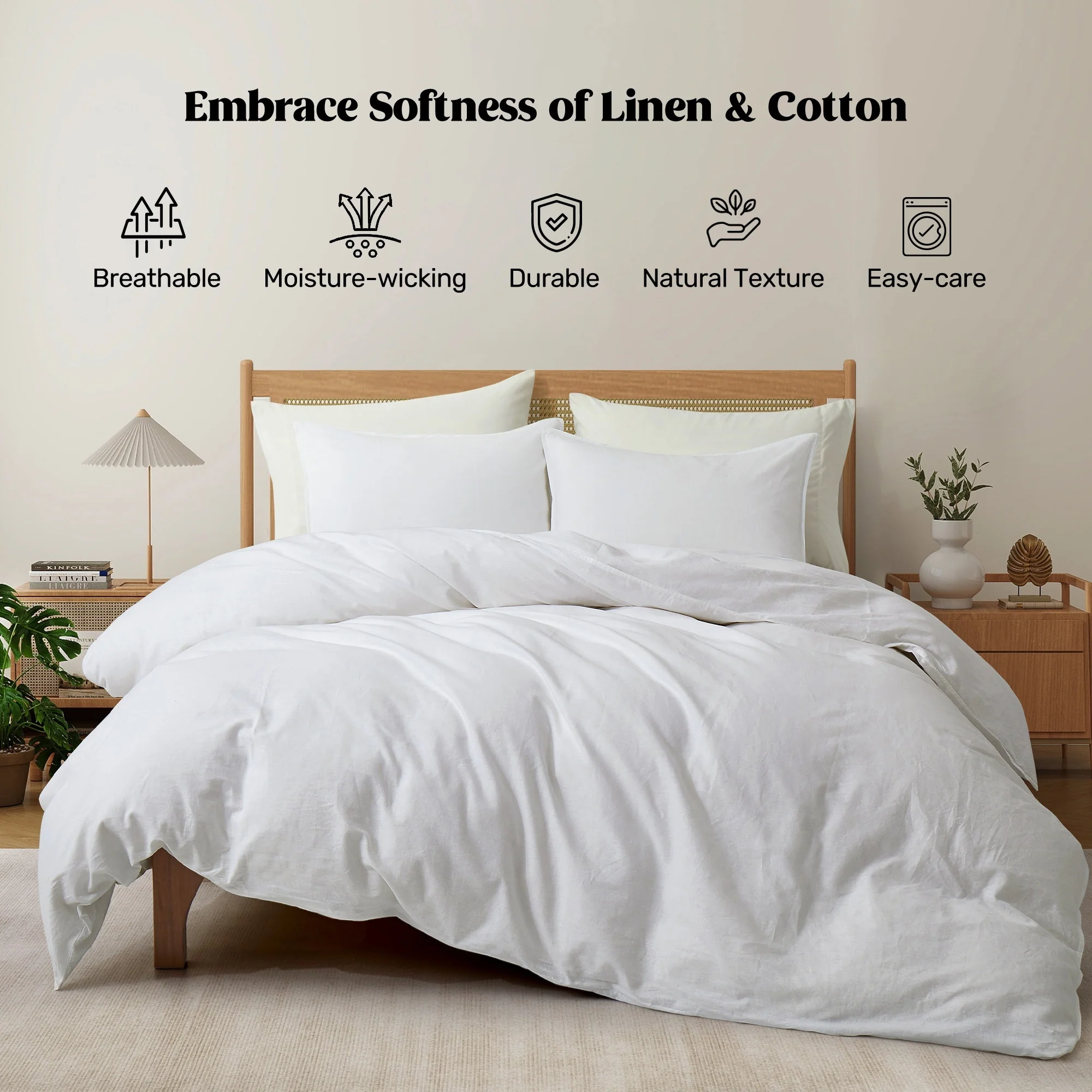 Linen Cotton Duvet Cover and Pillow Sham Set, Breathable and Skin-Friendly Bedding Set