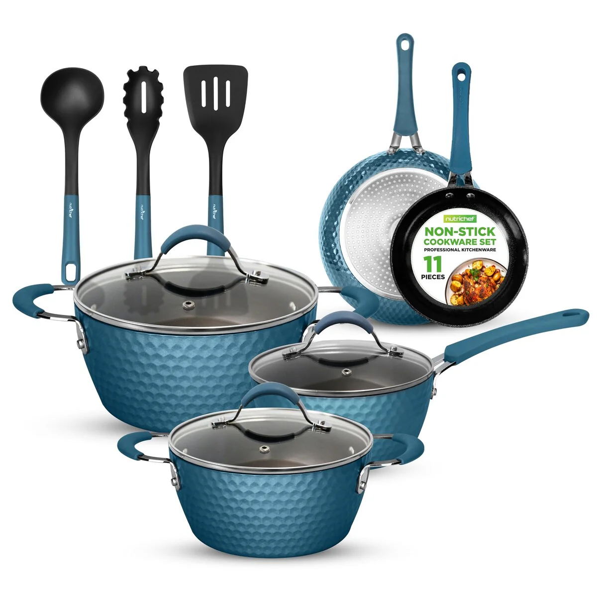 11 Pc Pots and Pans Set Non Stick Cookware with Ceramic Coating, Ergonomic Handles, Induction Ready, Includes Saucepan