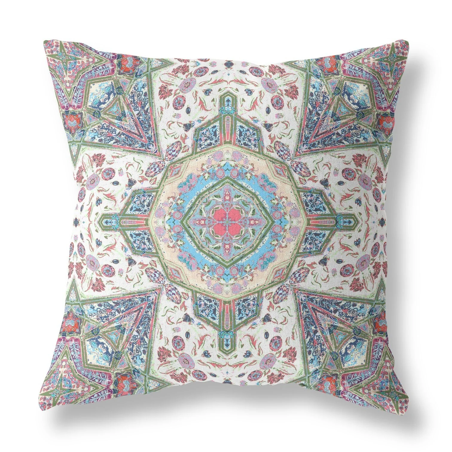 18" Cream Pink Boho Flower Indoor Outdoor Throw Pillow