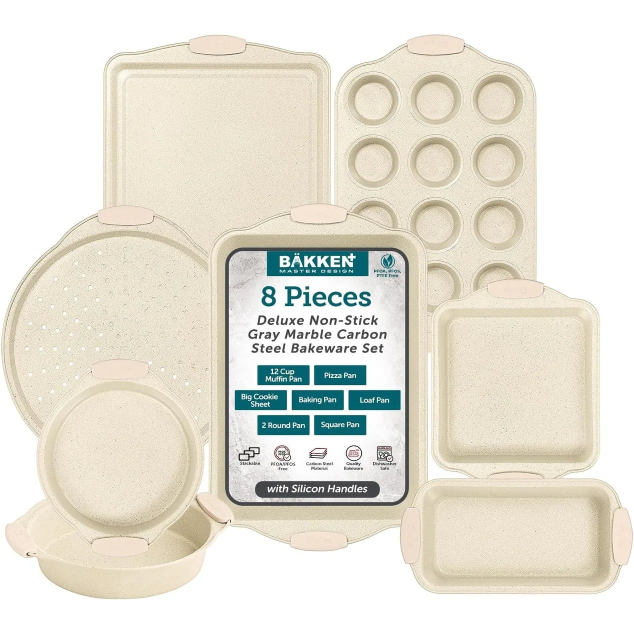 BAKKENMASTER Nonstick Baking Pan Set - Bakeware with Silicone Handles