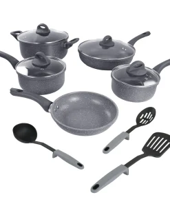 12 Piece Nonstick Aluminum Cookware Set In Gray Speckles with Nylon Tool Set