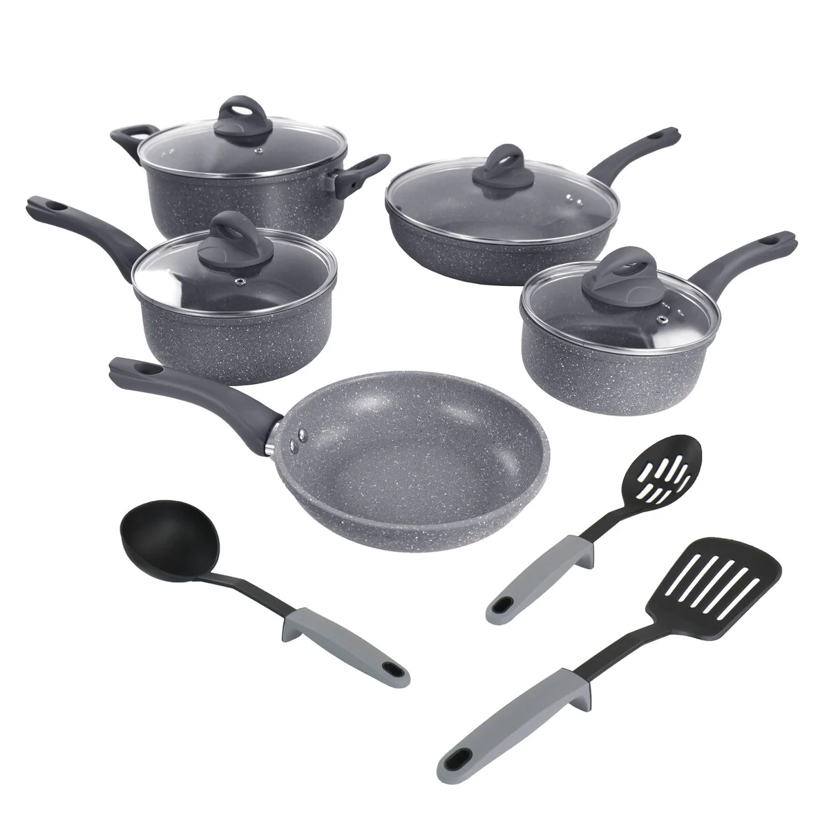 12 Piece Nonstick Aluminum Cookware Set In Gray Speckles with Nylon Tool Set