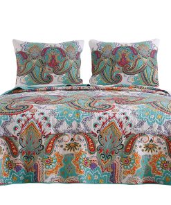 3 Piece Queen Size Cotton Quilt Set with Paisley Print, Teal Blue