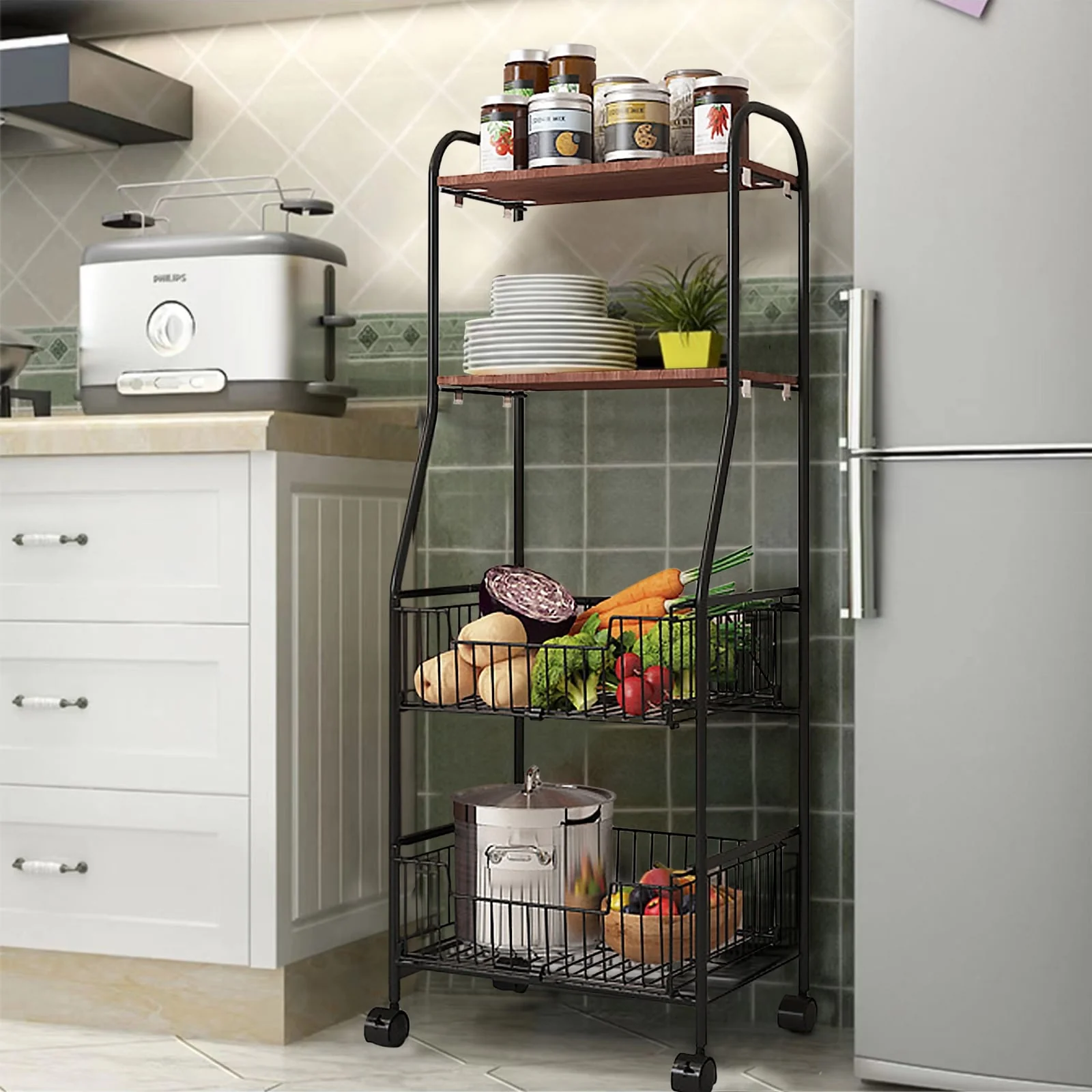 4 Tier Mobile Kitchen Storage Rack Freestanding Utility Stand - 43.4" H x 16.93" W x 12.6" D