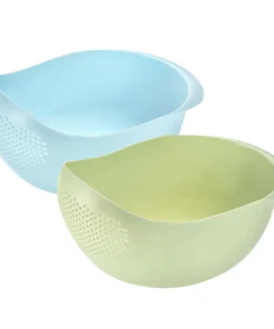 Kitchen Rice Washing Strainer Fruit Vegetable Container Drain Basket - Blue+Green