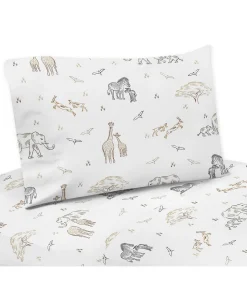 Jungle Safari Animals Queen Sheet Set Taupe Black and White Gender Neutral Elephant Giraffe Wildlife Adventure Zebra Serengeti