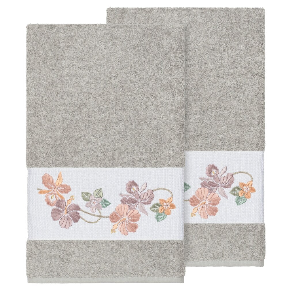 Authentic Hotel and Spa Turkish Cotton Floral Vine Embroidered Light Grey 2-piece Bath Towel Set