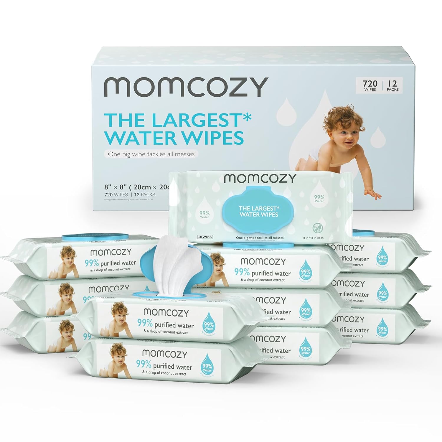Baby Wipes, Momcozy Water Wipes-Extra Large Size Design, 99% Water Based Wipes, Unscented & Hypoallergenic, Cleansing & Moisturizing Baby Wipes for Sensitive Skin, 12 Flip-Top Packs (720 Wipes Total)