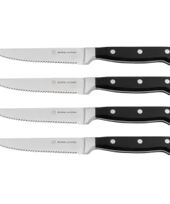 Dura Living 4-Piece Steak Knife Set - High Carbon Stainless Steel Serrated Blades, Ergonomic Black Handles