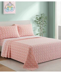 Kids Girls Printed 600 Thread Count Soft Deep Pocket Cotton Blend Percale All Season Bedding Sheet Set, Pink Unicorn Rainbow