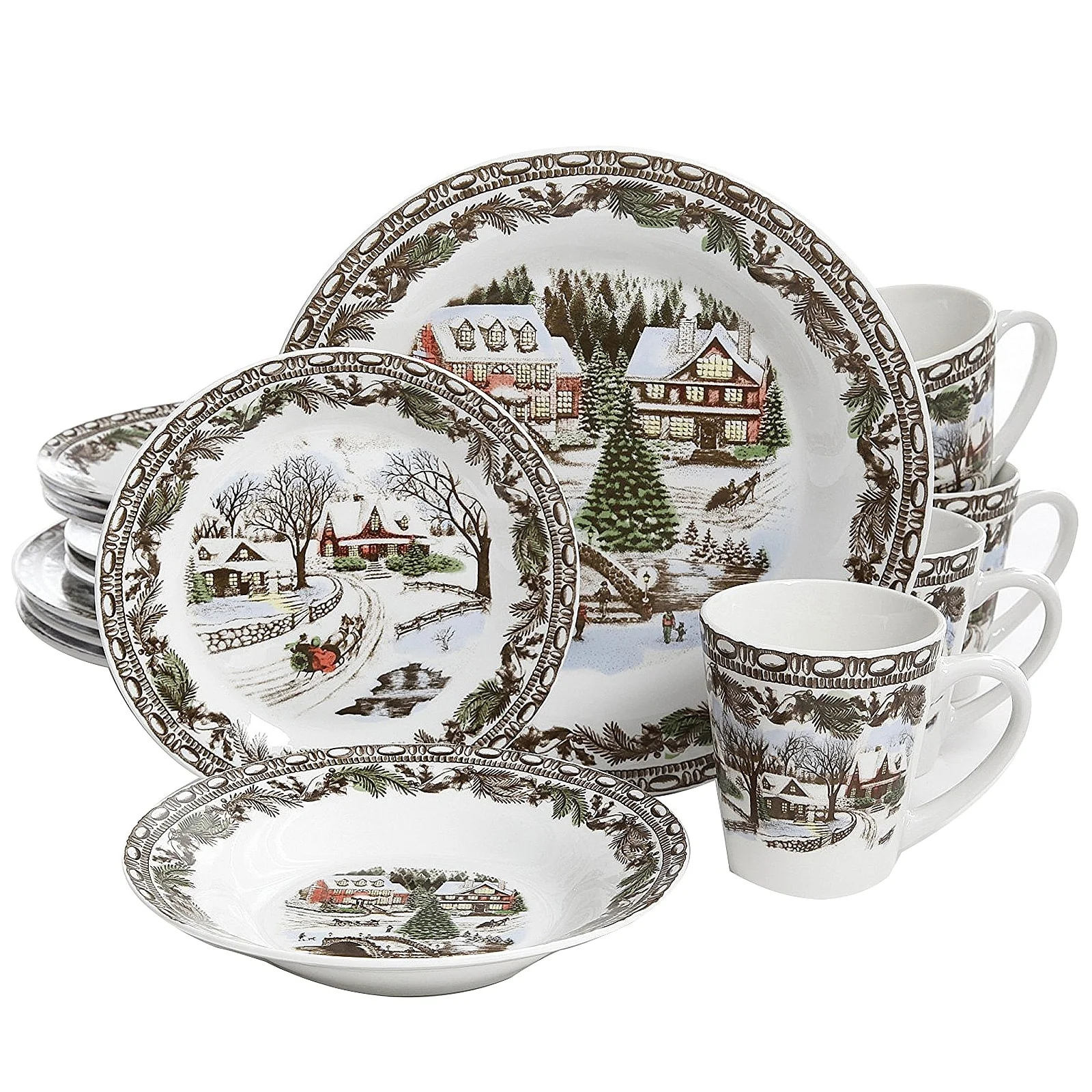 Christmas Time Winter Cabin Dinnerware Set 16 Pieces