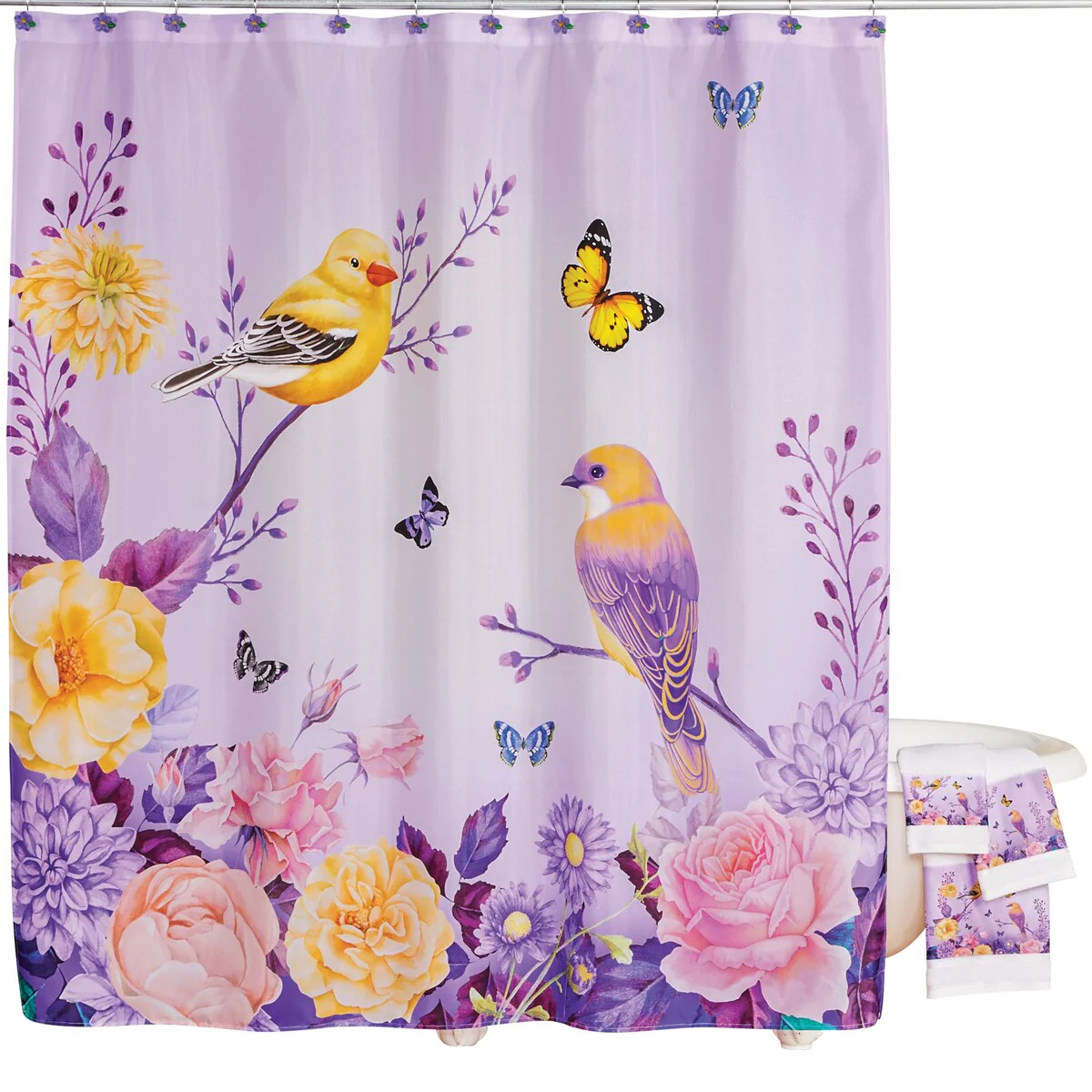 Lavender Birds and Flowers Bathroom Shower Curtain
