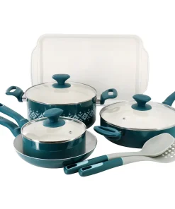 10 Piece Ceramic Nonstick Aluminum Cookware Set in Teal