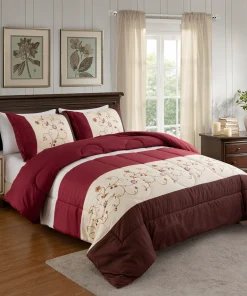 Home Decor Soft Luxury Fluffy Goose Down Alternative Bedding Printed Comforter Set, Modern Burgundy Cosmos Floral