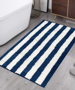 36"x24" - Blue White Stripe Soft Cozy Plush Chenille Bath Mat Bathroom Rug