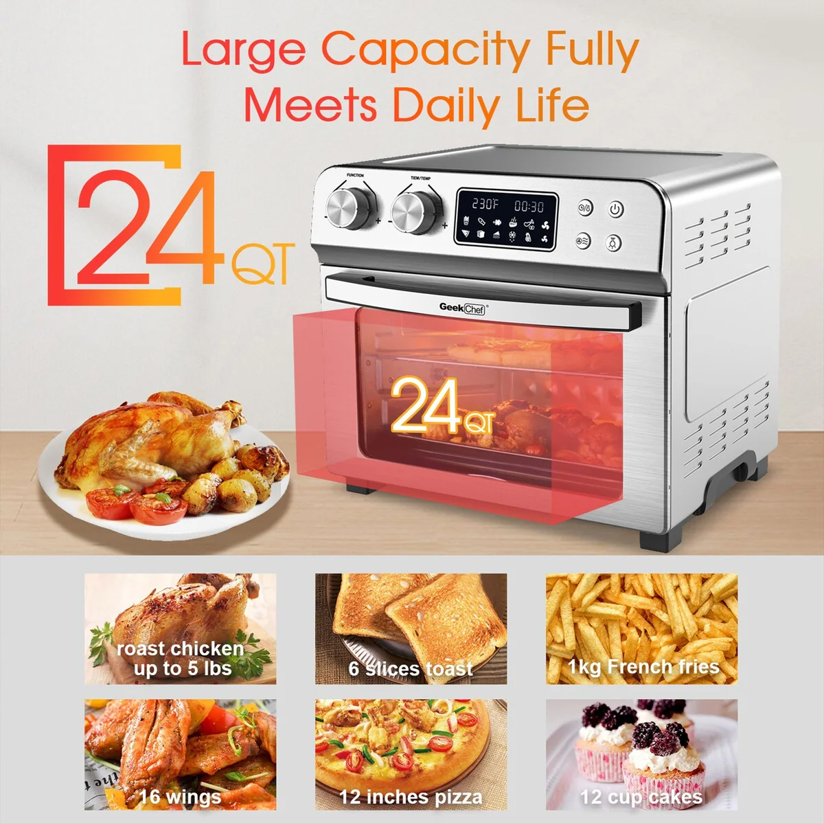Air Fryer Toaster Oven, Geek Chef 24.5 Quart LCD Countertop - 16.1x15.2x13.8