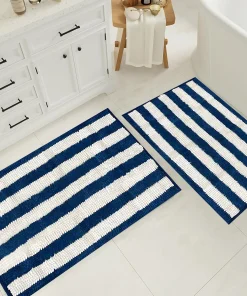 Large 2 Piece Set Blue White Stripe Soft Cozy Plush Chenille Bath Mat Bathroom Rug