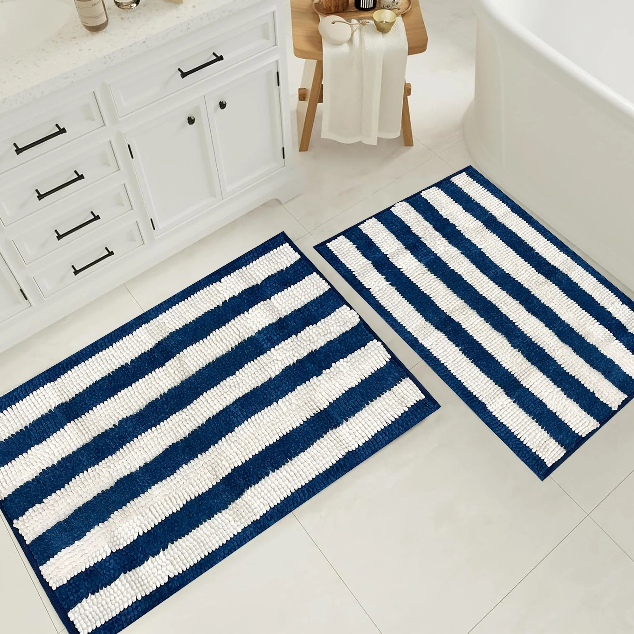 Large 2 Piece Set Blue White Stripe Soft Cozy Plush Chenille Bath Mat Bathroom Rug