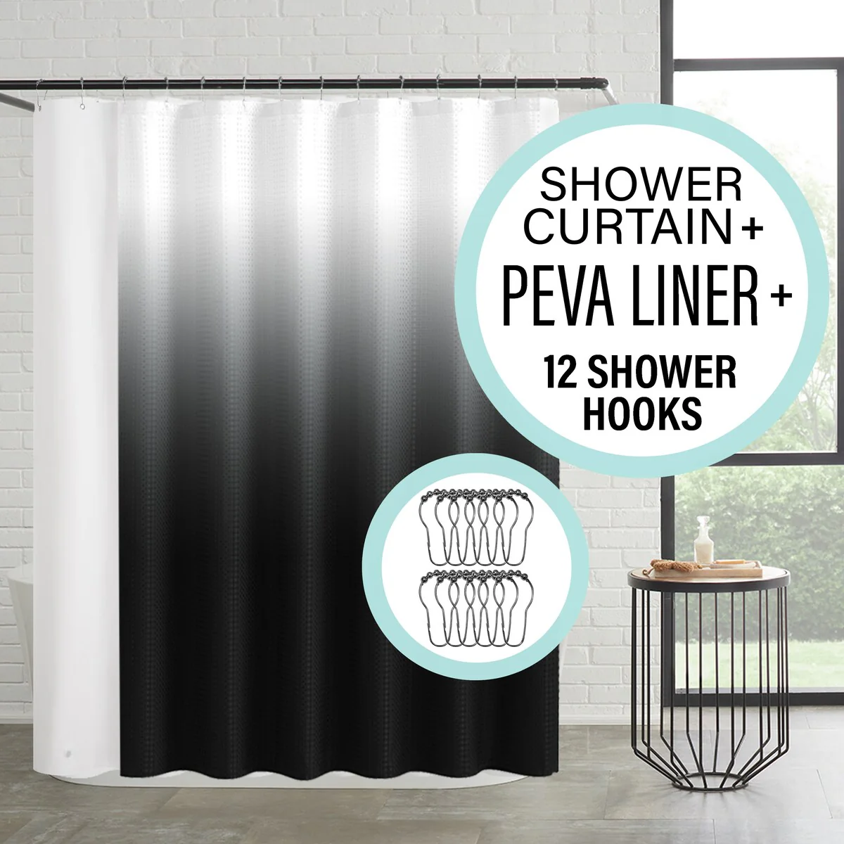 14-Piece Bath/Shower Set - Ombre Shower Curtain, Hooks & PEVA Liner