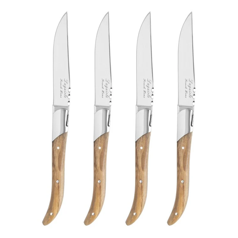 French Home Laguiole Set of 4 Connoisseur Steak Knives with Olive Wood Handles - Silver