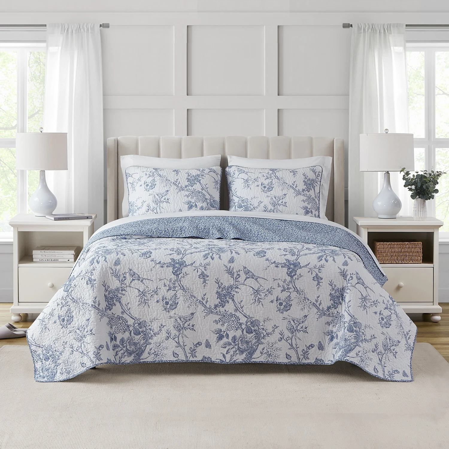 CEDAR COURT Chantilly Toile Floral All-Season Reversible Cotton Quilt Set